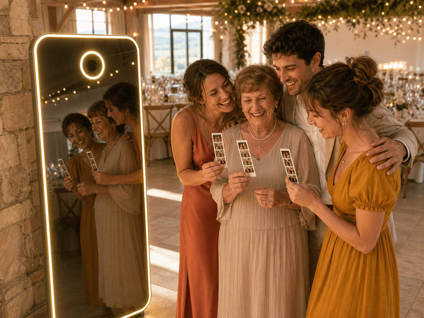 Mise en scène commerciale d’une famille découvrant ses tirages à côté du miroir photobooth